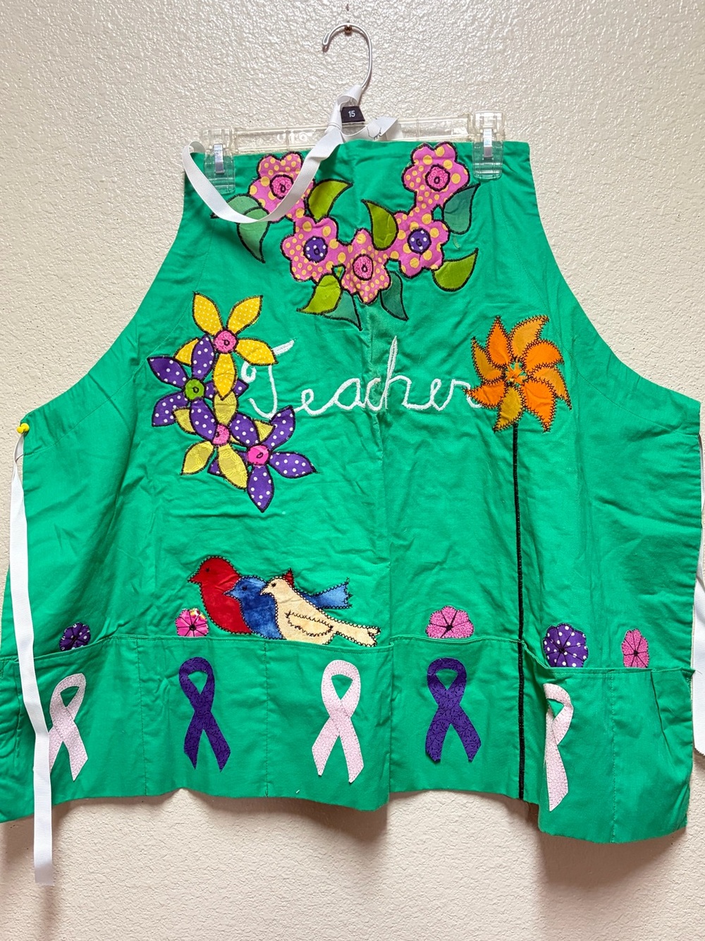 Handmade Green Teacher Apron Floral Bird Applique Awareness Ribbons Pockets